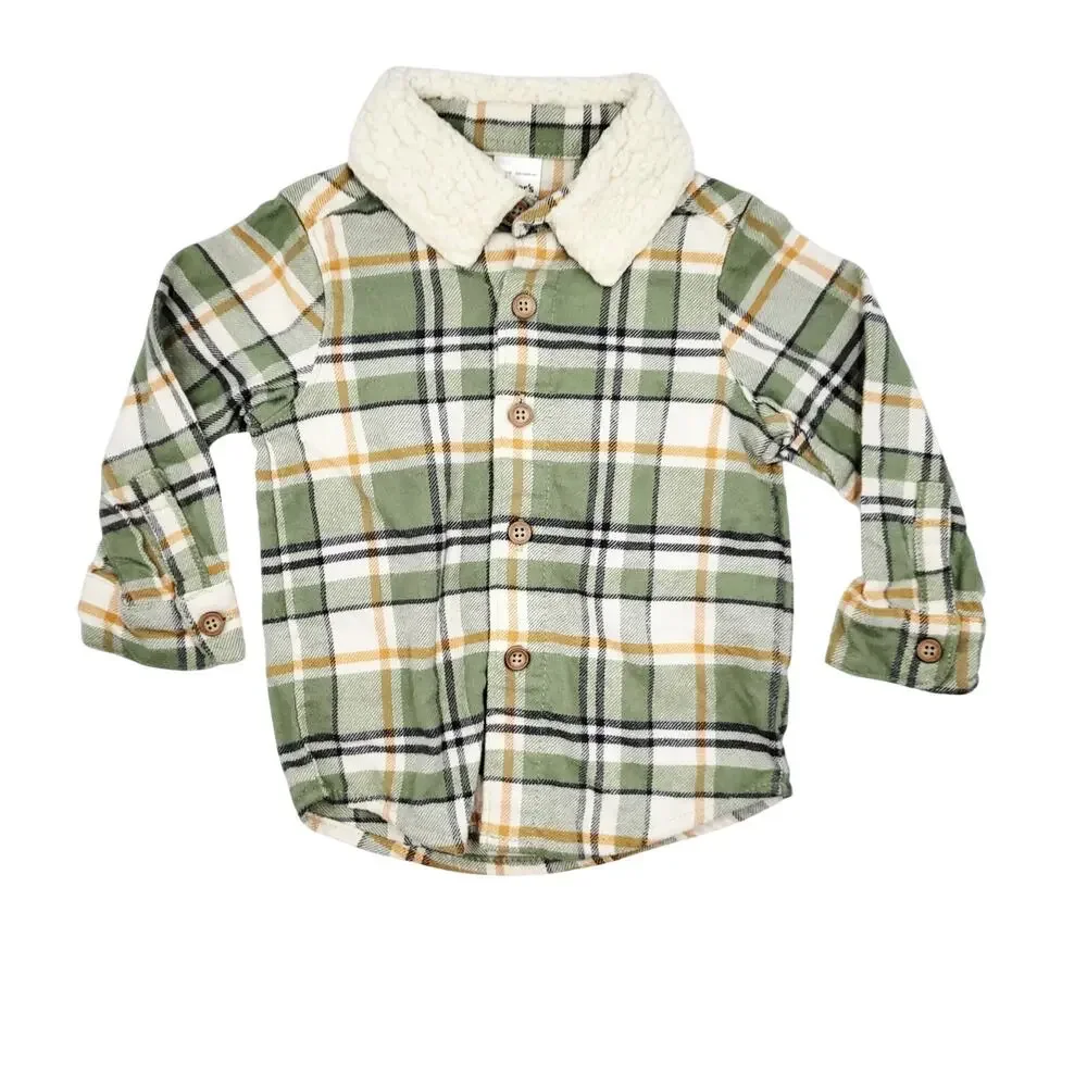 Carter's Just One You Green Plaid Sherpa Collar Button Up Shirt Baby Boys 12 mth